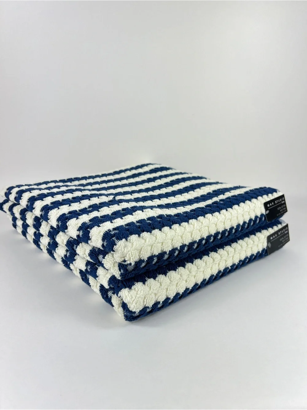 Max Studio Bath Towels Navy Cream Stripe Waffle Texture Soft Cotton 2 Pc NEW